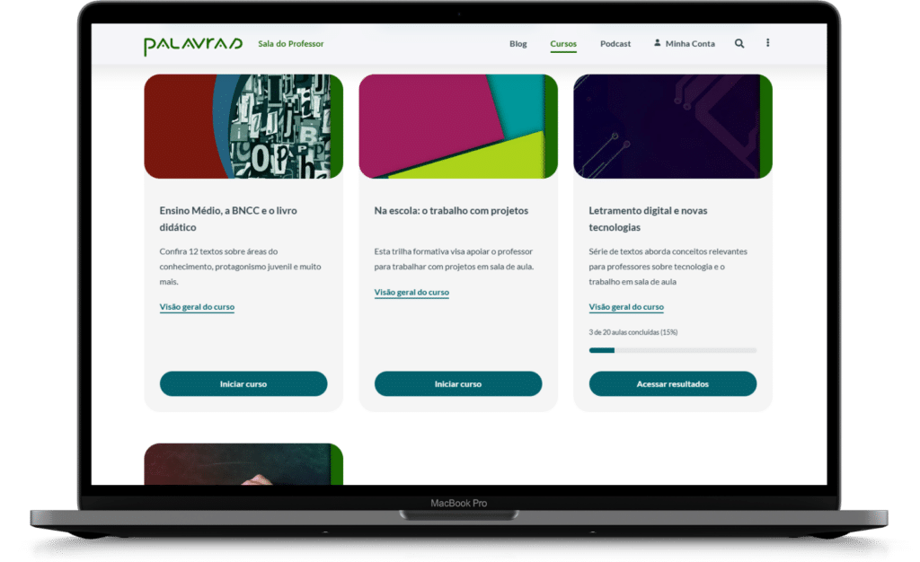 Parte da página de cursos oferecidos aos docentes na plataforma EAD da Palavras.